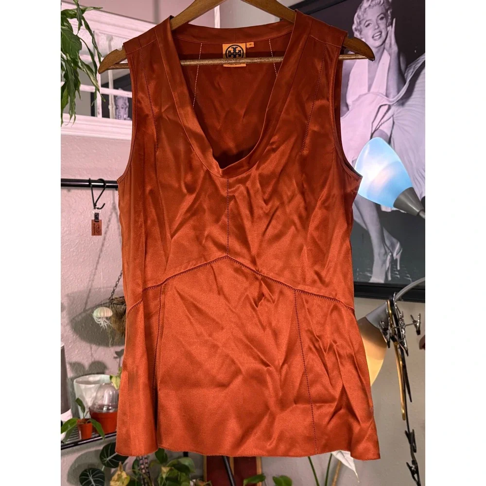 Tory‎ Burch Silk Blouse Womens 10 Orange Sleeveless V-Neck Seam Detail Designer
